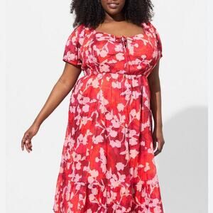 Torrid Midi Cotton Clip Dot Lace Up Smocked Dress in Shady Rose Floral